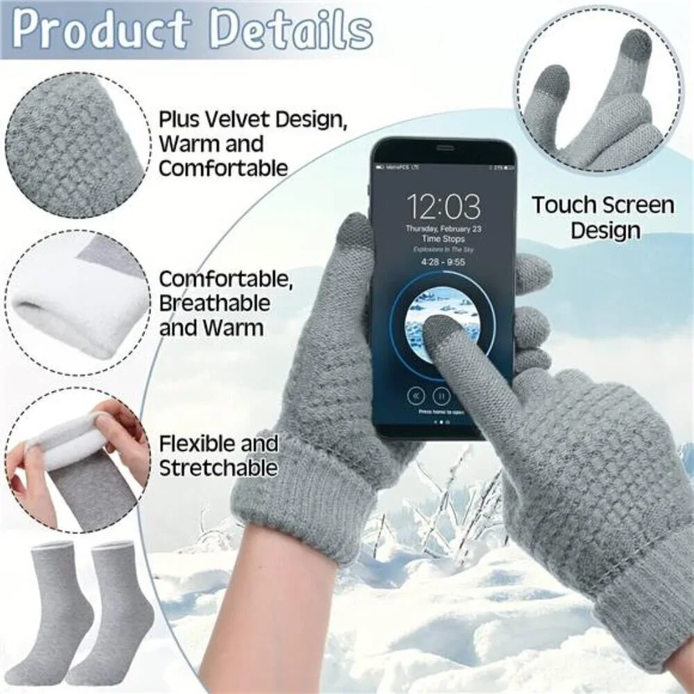 5 Pieces Women Winter Warm Set Knit Beanie Hat Scarf Touchscreen Gloves